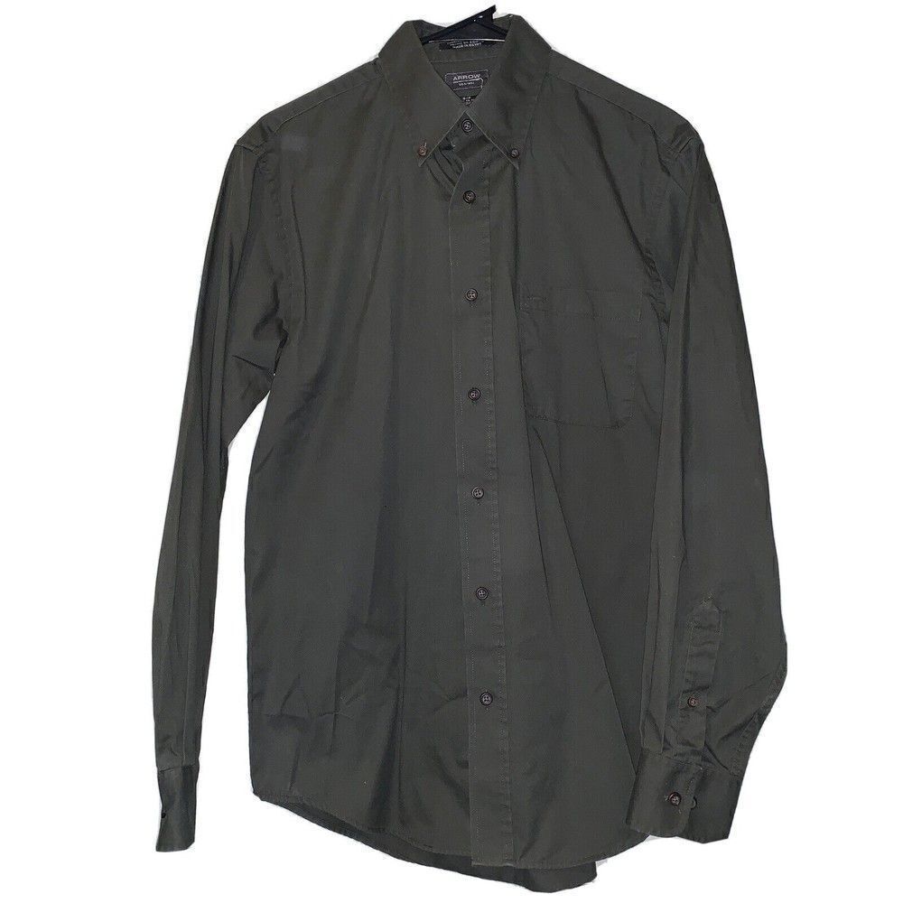 Arrow Dress Shirt Men Long Sleeve Classic Fit No Iron Green‎ Button Down 14-14.5